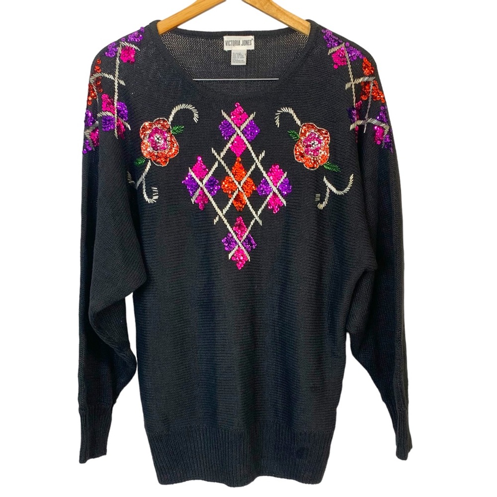 VICTORIA JONES Vintage Floral Argyle Sequin Beaded Batwing Sweater Sz L